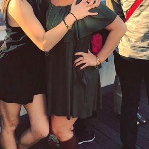 Off the shoulder olive green dress with pockets!